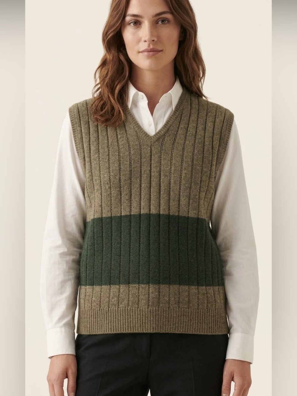 Japan brand Ribbed V-Neck Wool Sweater Vest in Olive and Forest Green